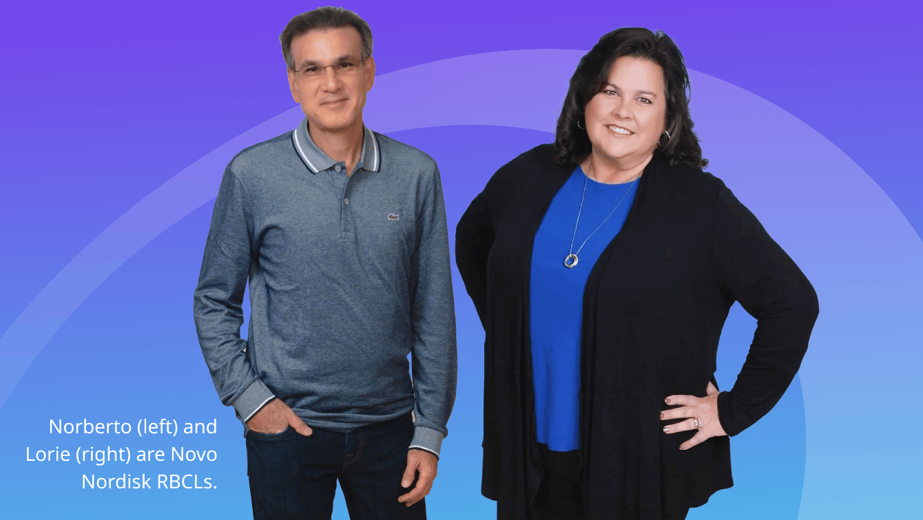 A photo of the Alhemo® prefilled pen with four images of Royal on top (playing basketball, traveling with a backpack, playing the drums, standing and smiling). A caption under the photo reads: ‘Royal lives with hemophilia B with inhibitors, uses Alhemo®, and is an employee of Novo Nordisk.’